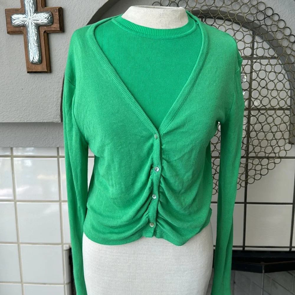 Zara 2 piece  green knit cardigan sweater set size medium